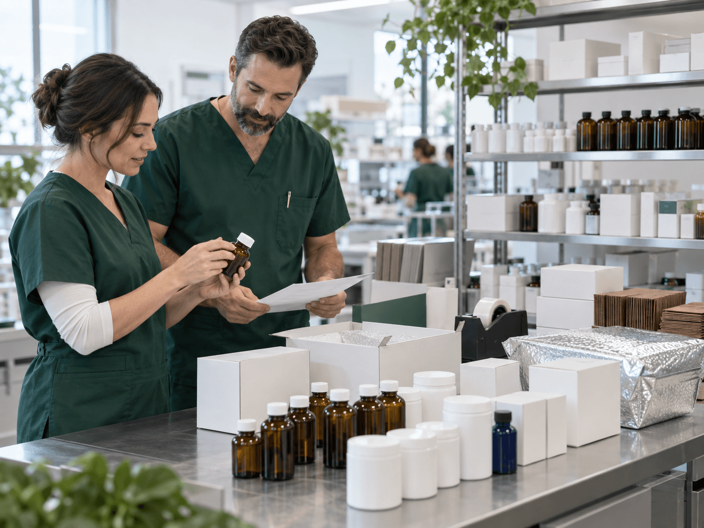 Pharmacy professionals preparing a catalog and shipping workspace for practice partners